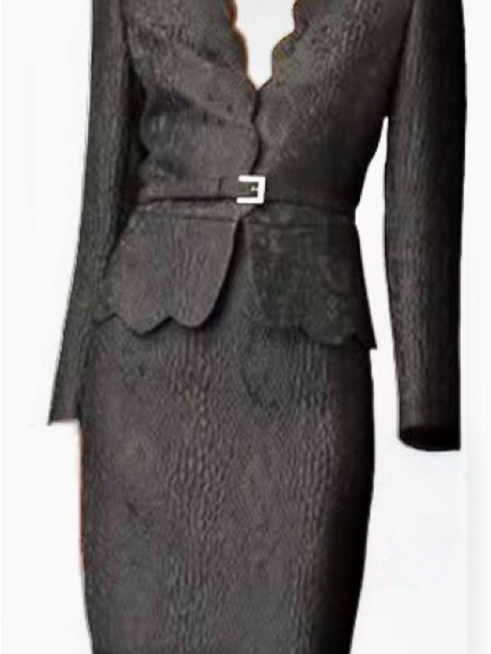 Albert Nipon Black Scalloped Two Piece Suit Skirt Jacket Set Elegant